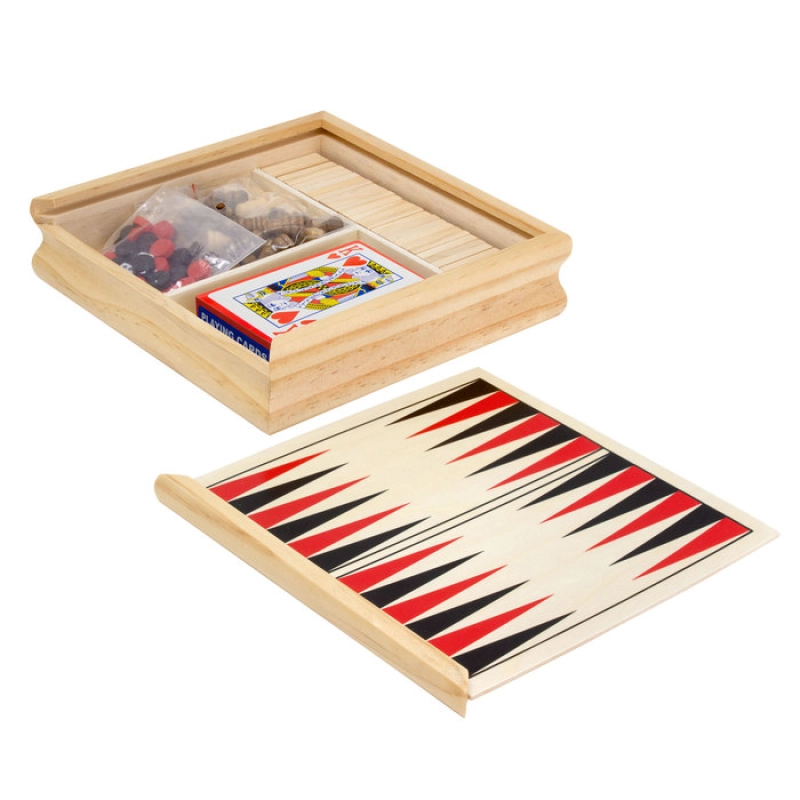 Set de Multiples Juegos en 1, en caja de madera de 17 x 17 x 4 cmts