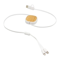 Cable Retractil de Carga color blanco con color bambu, 5.3 x 1.5 x 22.5 cm