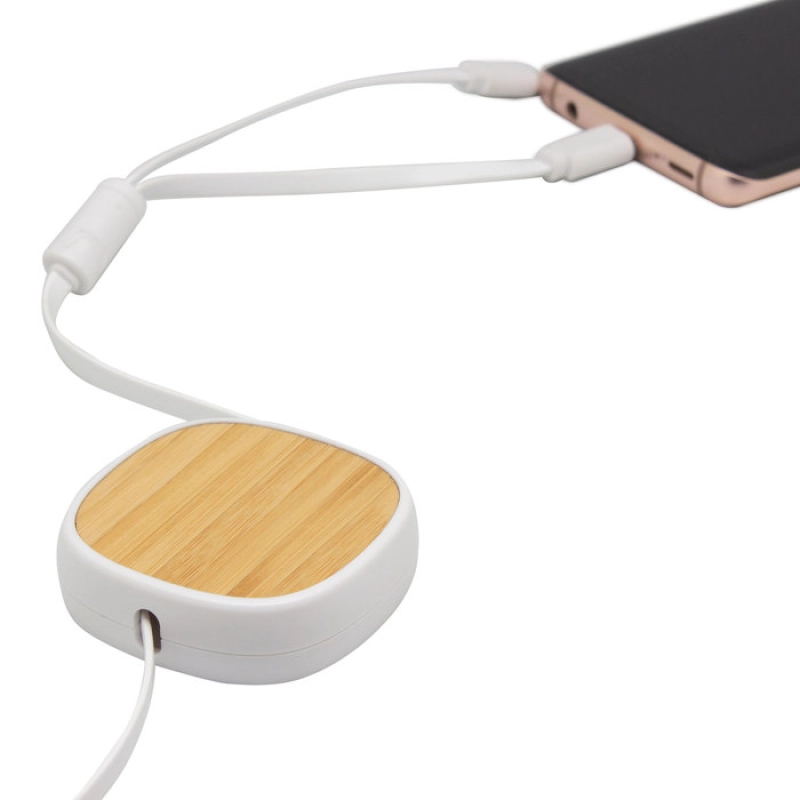 Cable Retractil de Carga color blanco con color bambu, 5.3 x 1.5 x 22.5 cm
