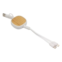 Cable Retractil de Carga color blanco con color bambu, 5.3 x 1.5 x 22.5 cm