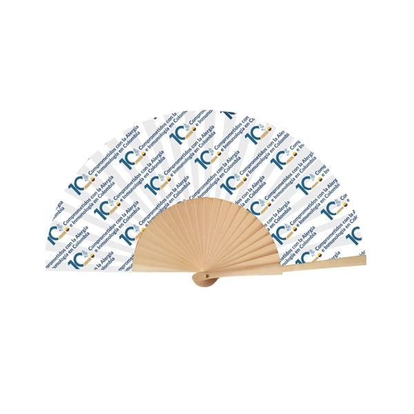 Ventilador o Abanico Manual, manija madera con poliester algodon, 23 x 3.5 cmts