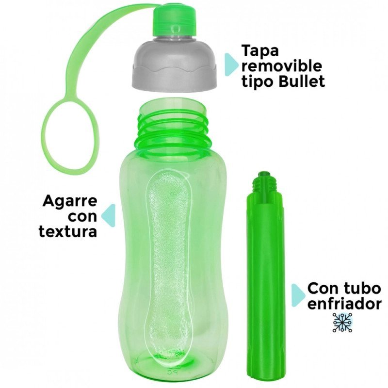 Botella Freezer, plastica, de 600 ml, con tubo enfriador, 22 x 6.5 cmts de diametro,