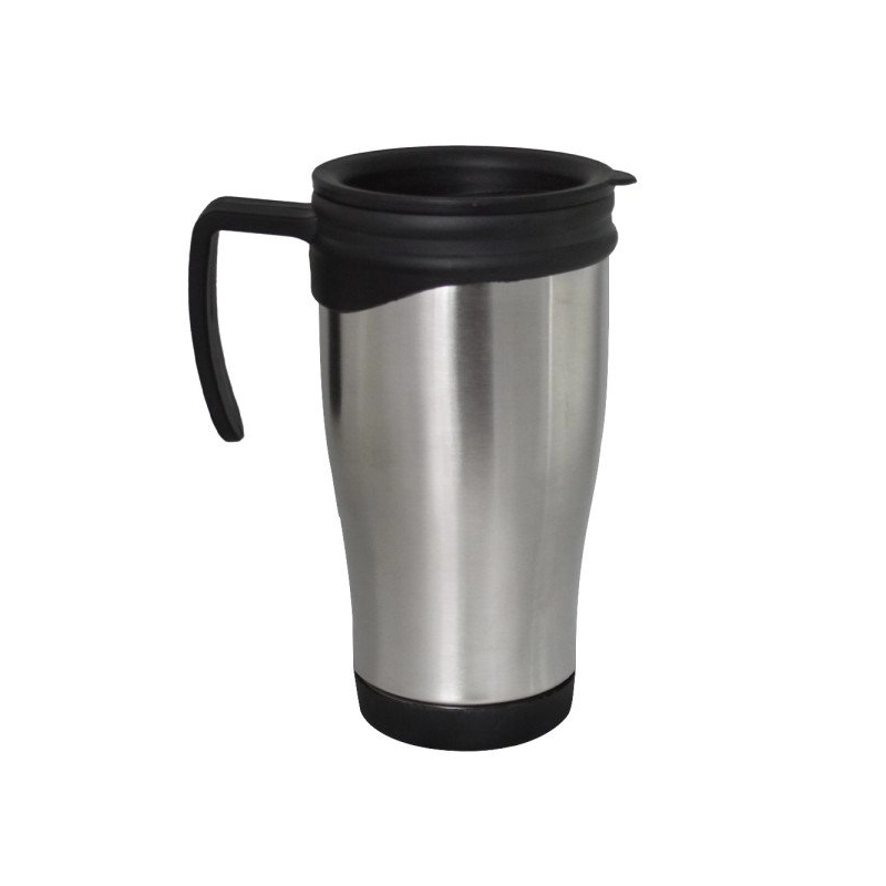 Mug Morning metalico, 15 oz, con oreja y tapa plastica 16.4 x 8.5cmts