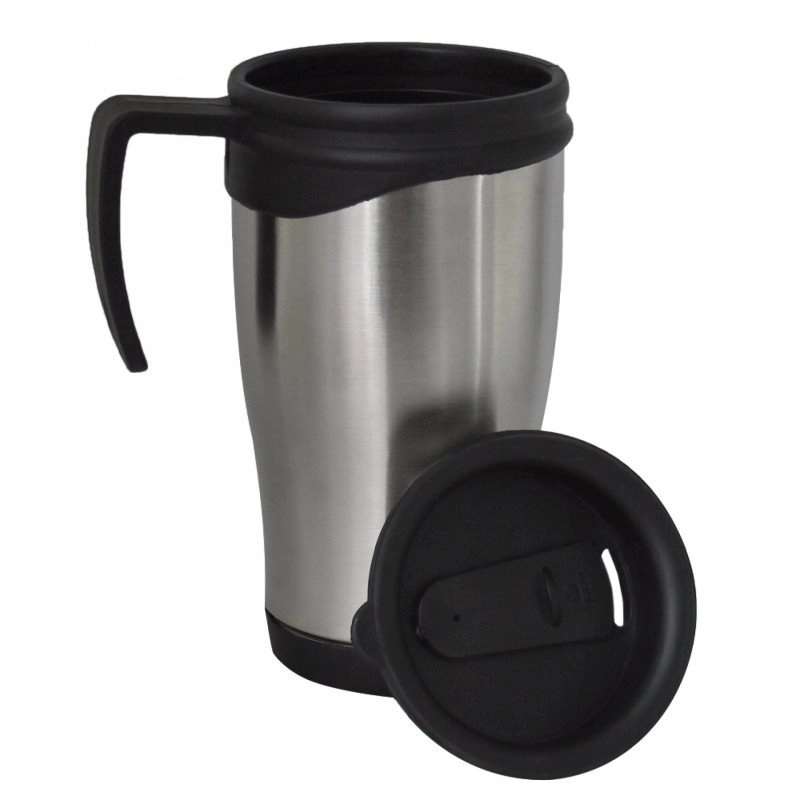 Mug Morning metalico, 15 oz, con oreja y tapa plastica 16.4 x 8.5cmts