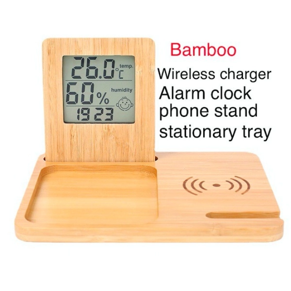 Cargador Inalambrico en Bambu, Stand de Celular y Reloj Alarma, 12x10x1.5 cm