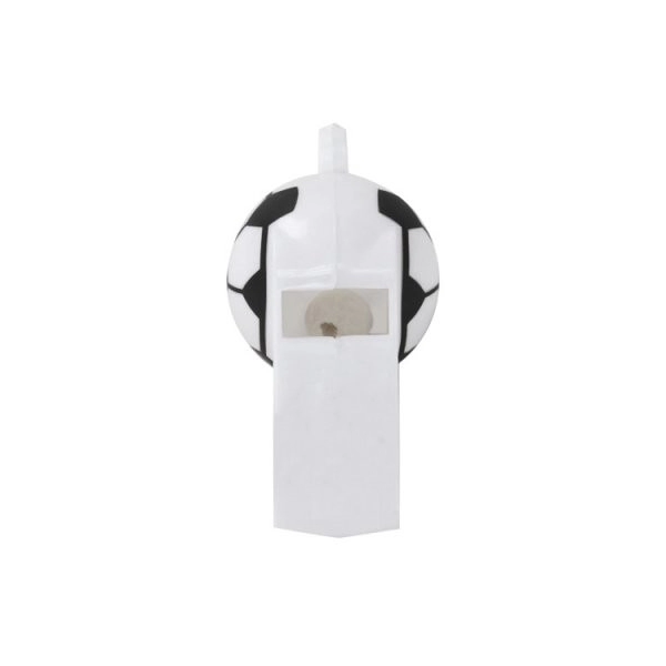 Pito plastico Collina, con cordon. Tamaño 5 x 1.8 cmts. Color blanco con diseño de futbol.