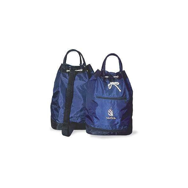 Tula Palmetto, bicolor, en lona, bolsillo al frente, con reata de colgar, 46 x 34 cmts