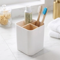 Organizador de Escritorio y Baño en plastico y Bambu, de 9 x 9 x 11 cmts